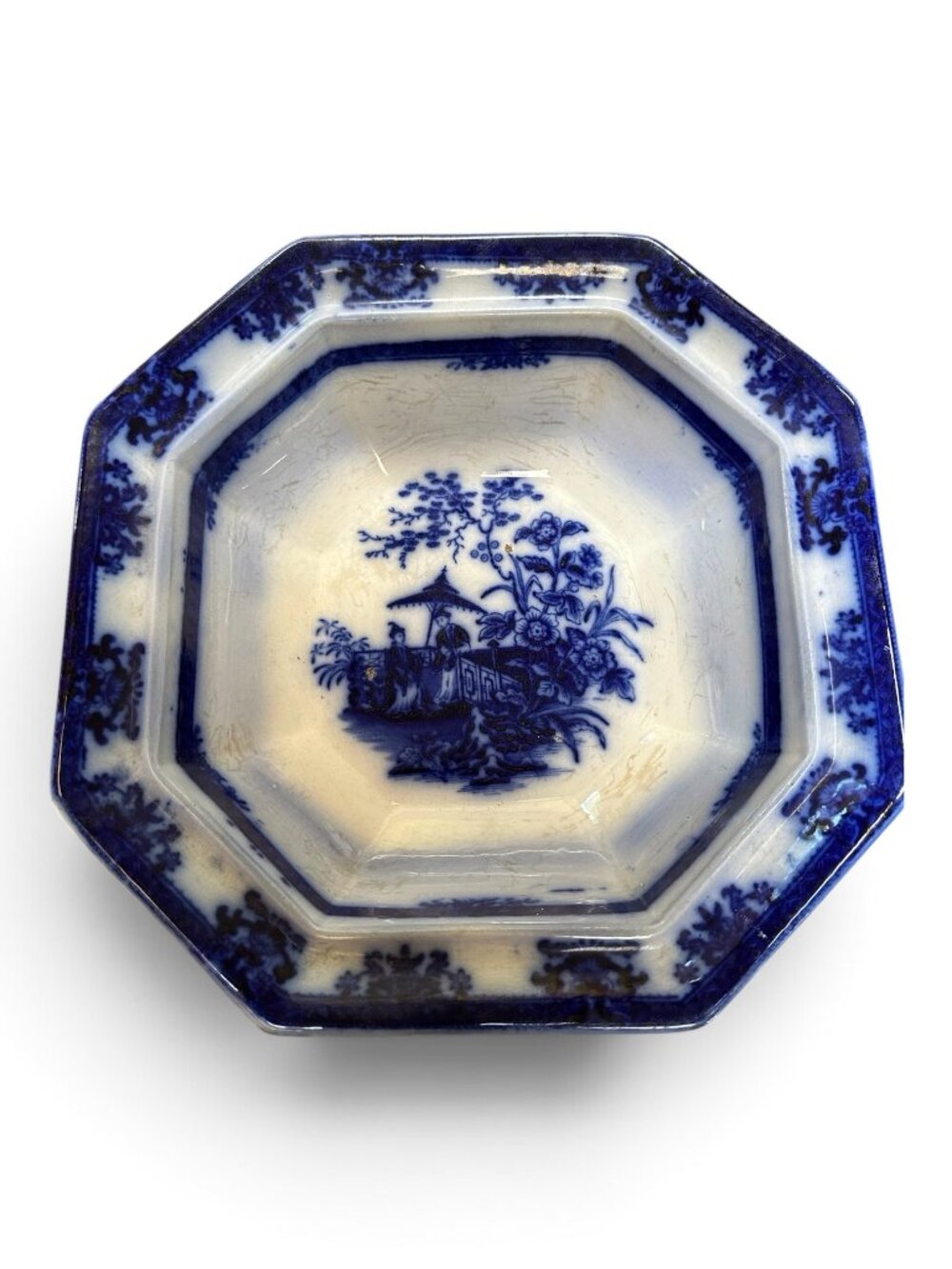 Davenport Amoy Flow Blue Octagonal Vegetable Bowl Antique Chinoiserie 10"